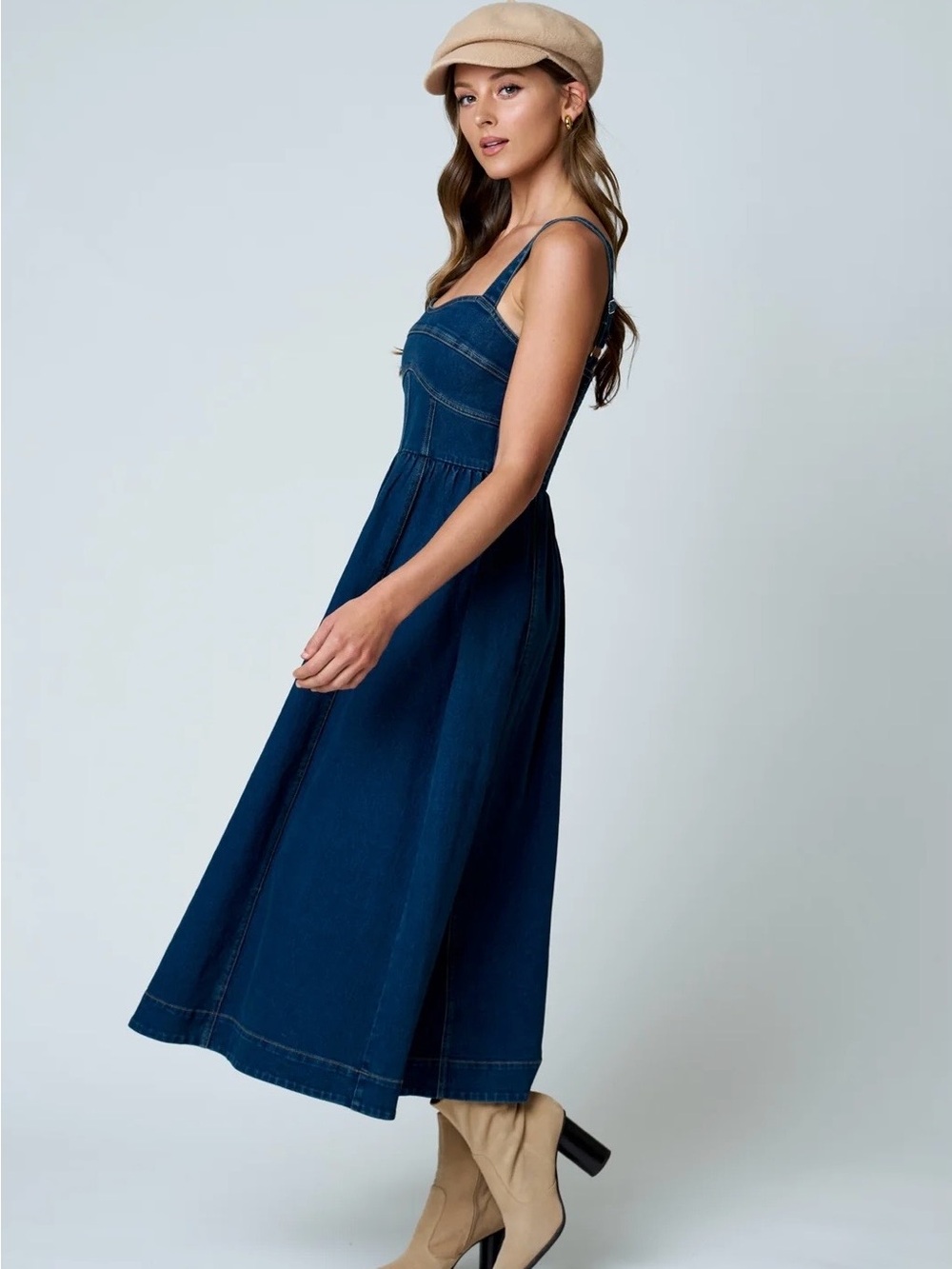 Sleeveless Midi Denim Dress in Dark Blue - Picture 7 of 8